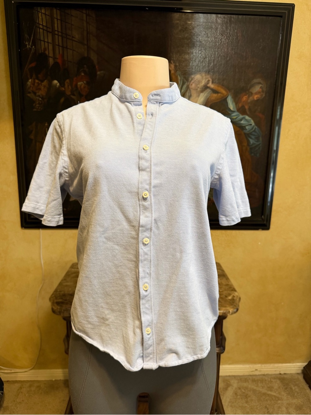 Zara Light Blue Short-Sleeve Henley-Collar Button-Down Shirt